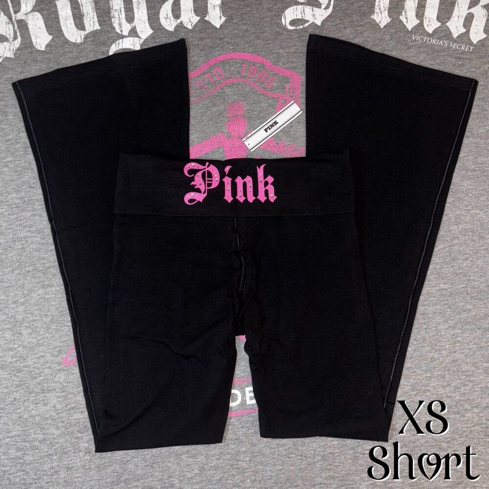 Victoria's Secret PINK Cotton Foldover Flare Leggings Pure Black Halloween XS